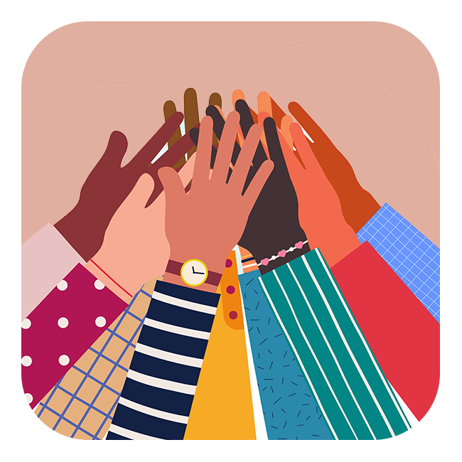 Diverse group of hands reaching together.